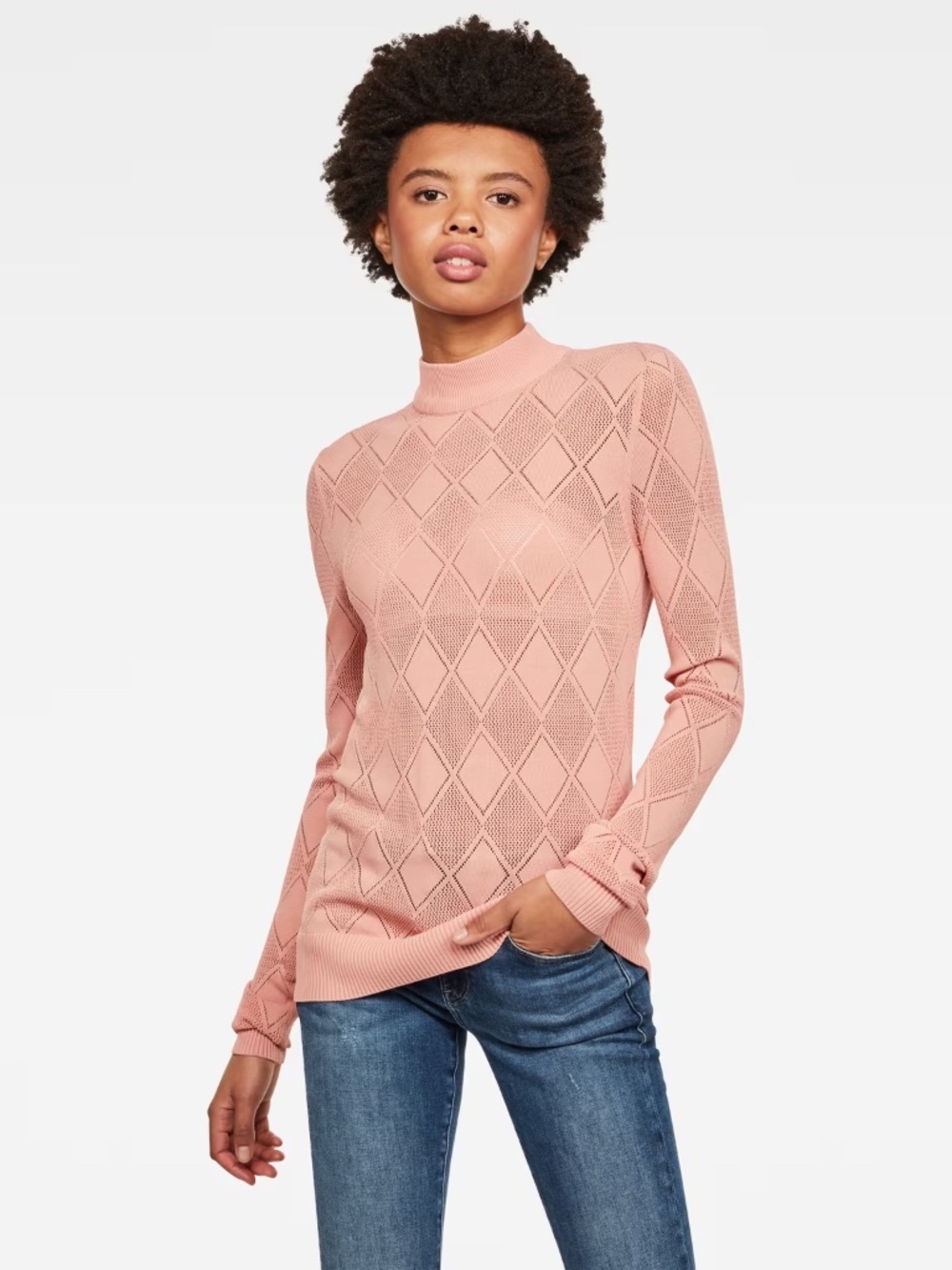 $130 G-Star Raw Pointelle Turtle Knit Sweater Pink M Diamond Pattern